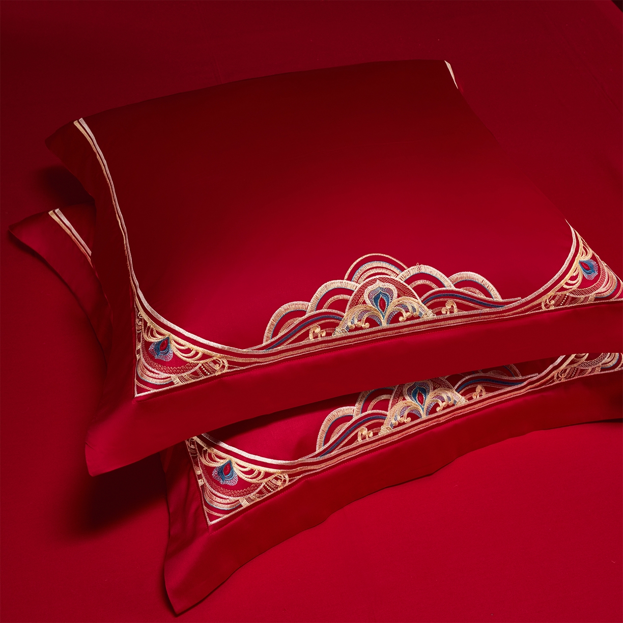 91家纺网 家纺一手货源 找家纺 芊囍纺 2026新款双面长绒棉高端婚庆提花重工刺绣四件套多件套系列 龙凤江山