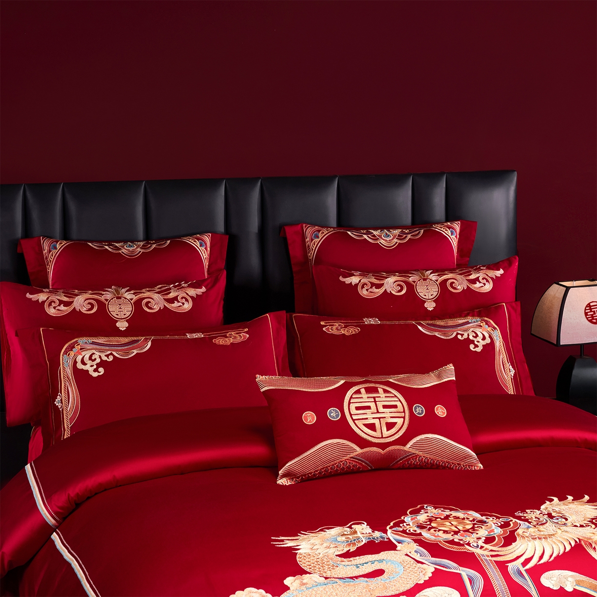 91家纺网 家纺一手货源 找家纺 芊囍纺 2026新款双面长绒棉高端婚庆提花重工刺绣四件套多件套系列 龙凤江山