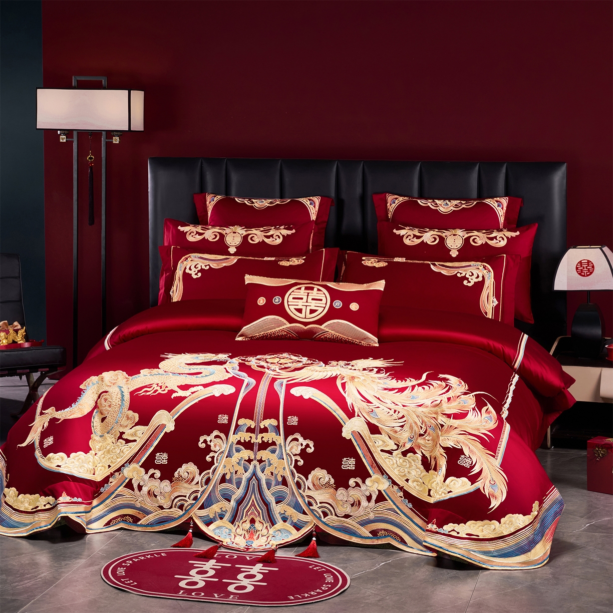 91家纺网 家纺一手货源 找家纺 芊囍纺 2026新款双面长绒棉高端婚庆提花重工刺绣四件套多件套系列 龙凤江山