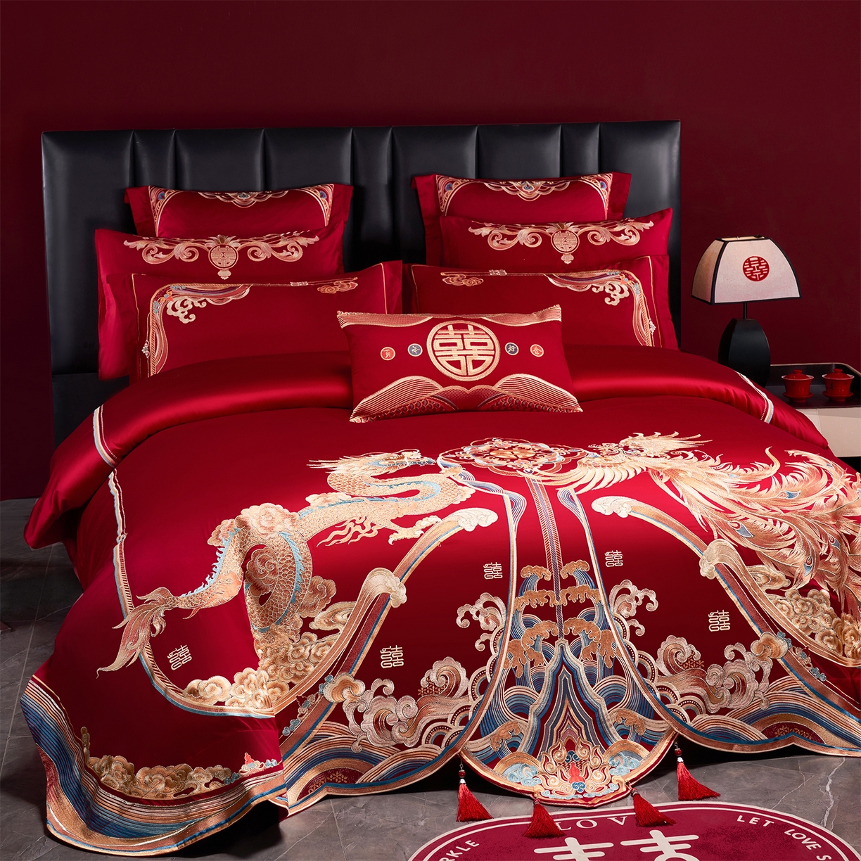 91家纺网 家纺一手货源 找家纺 芊囍纺 2026新款双面长绒棉高端婚庆提花重工刺绣四件套多件套系列 龙凤江山