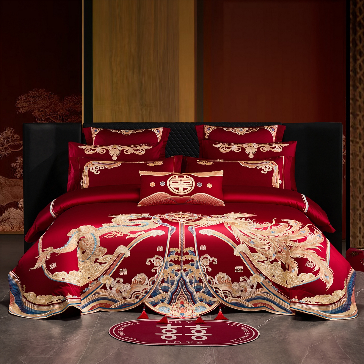 芊囍纺 2026新款双面长绒棉高端婚庆提花重工刺绣四件套多件套系列 龙凤江山