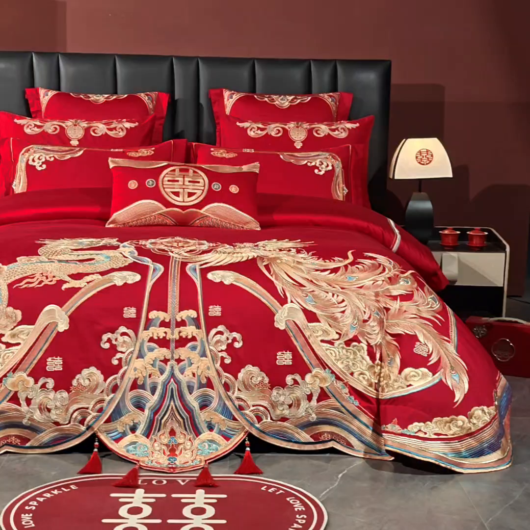 91家纺网 家纺一手货源 找家纺 芊囍纺 2026新款双面长绒棉高端婚庆提花重工刺绣四件套多件套系列 龙凤江山