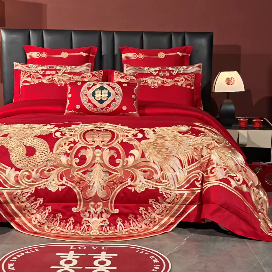 91家纺网 家纺一手货源 找家纺 芊囍纺 2026新款双面长绒棉高端婚庆提花重工刺绣四件套多件套系列 龙凤九霄