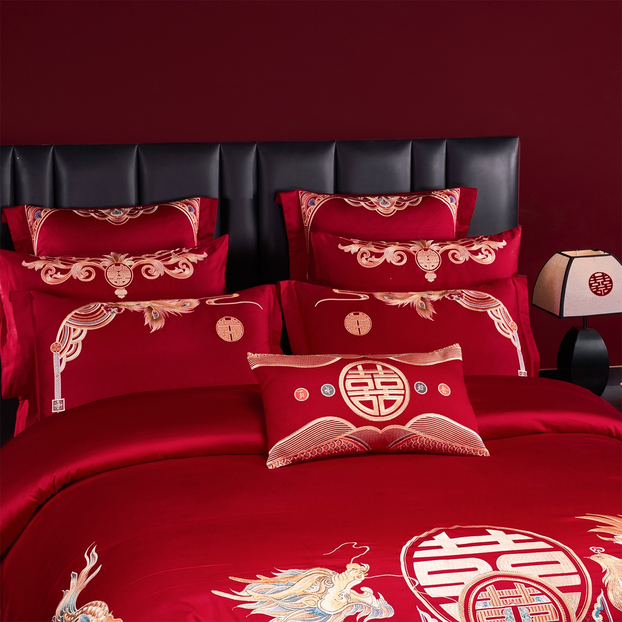 91家纺网 家纺一手货源 找家纺 芊囍纺 2026新款双面长绒棉高端婚庆提花重工刺绣四件套多件套系列 龙凤禧绣