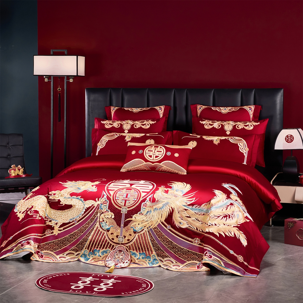 91家纺网 家纺一手货源 找家纺 芊囍纺 2026新款双面长绒棉高端婚庆提花重工刺绣四件套多件套系列 龙凤禧绣