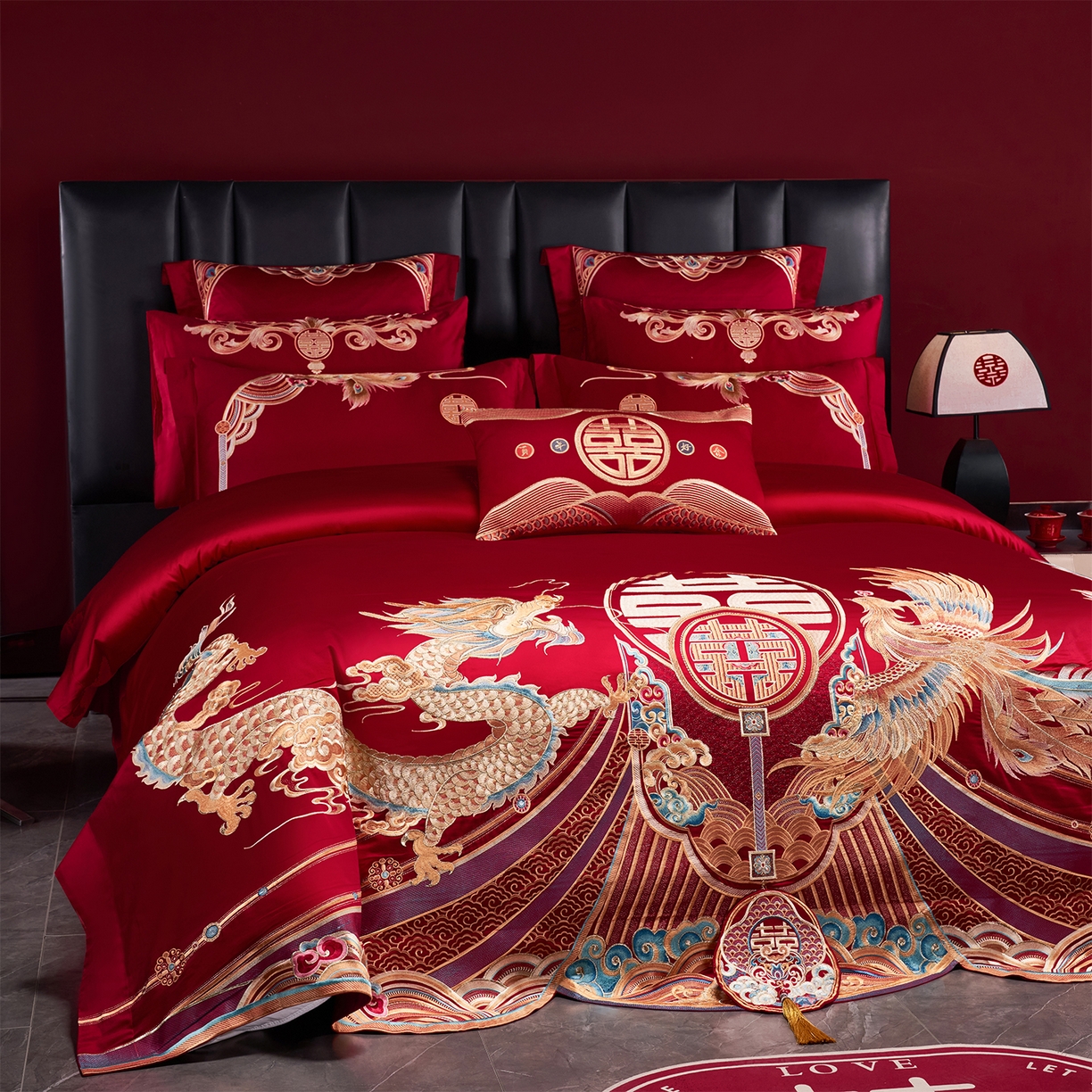 91家纺网 家纺一手货源 找家纺 芊囍纺 2026新款双面长绒棉高端婚庆提花重工刺绣四件套多件套系列 龙凤禧绣