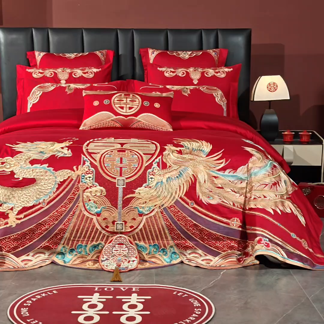 91家纺网 家纺一手货源 找家纺 芊囍纺 2026新款双面长绒棉高端婚庆提花重工刺绣四件套多件套系列 龙凤禧绣