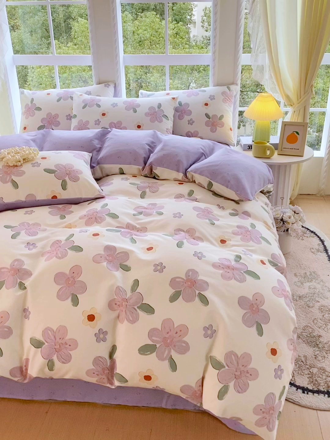 91家纺网 家纺一手货源 找家纺 小懒猪 2026春夏新款全棉纯棉花卉款四件套（提供买家秀） 淡紫花屹