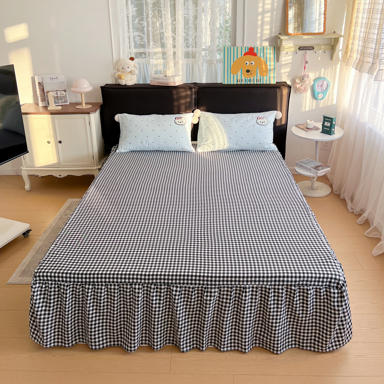 91家纺网 家纺一手货源 找家纺 富米莱单品馆 2026新款水洗棉波点毛巾绣黑格球球款单品 幸福猫咪-蓝