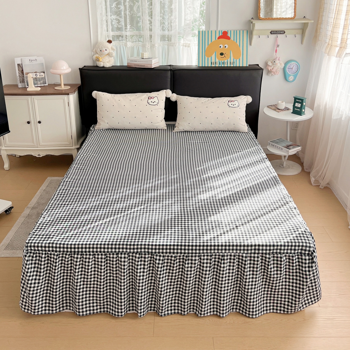 91家纺网 家纺一手货源 找家纺 富米莱单品馆 2026新款水洗棉波点毛巾绣黑格球球款单品 幸福猫咪-米