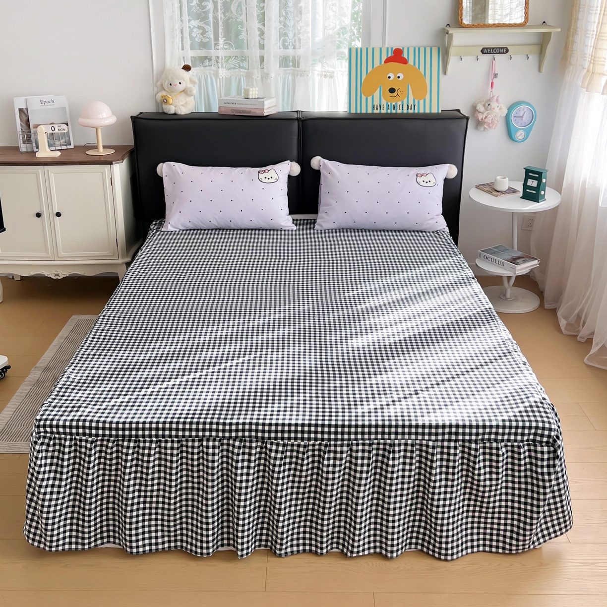 91家纺网 家纺一手货源 找家纺 富米莱单品馆 2026新款水洗棉波点毛巾绣黑格球球款单品 幸福猫咪-紫