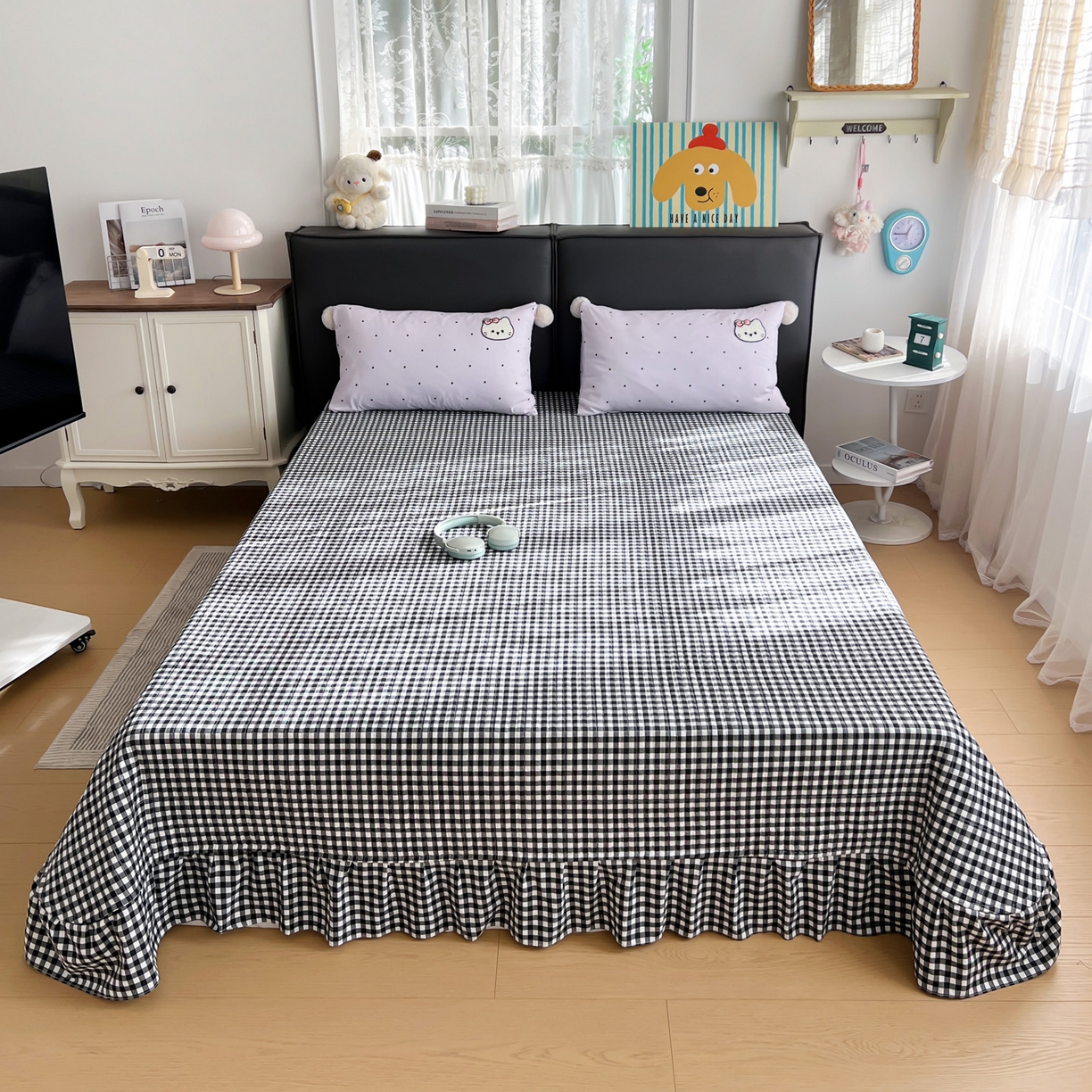 91家纺网 家纺一手货源 找家纺 富米莱单品馆 2026新款水洗棉波点毛巾绣黑格球球款单品 幸福猫咪-紫