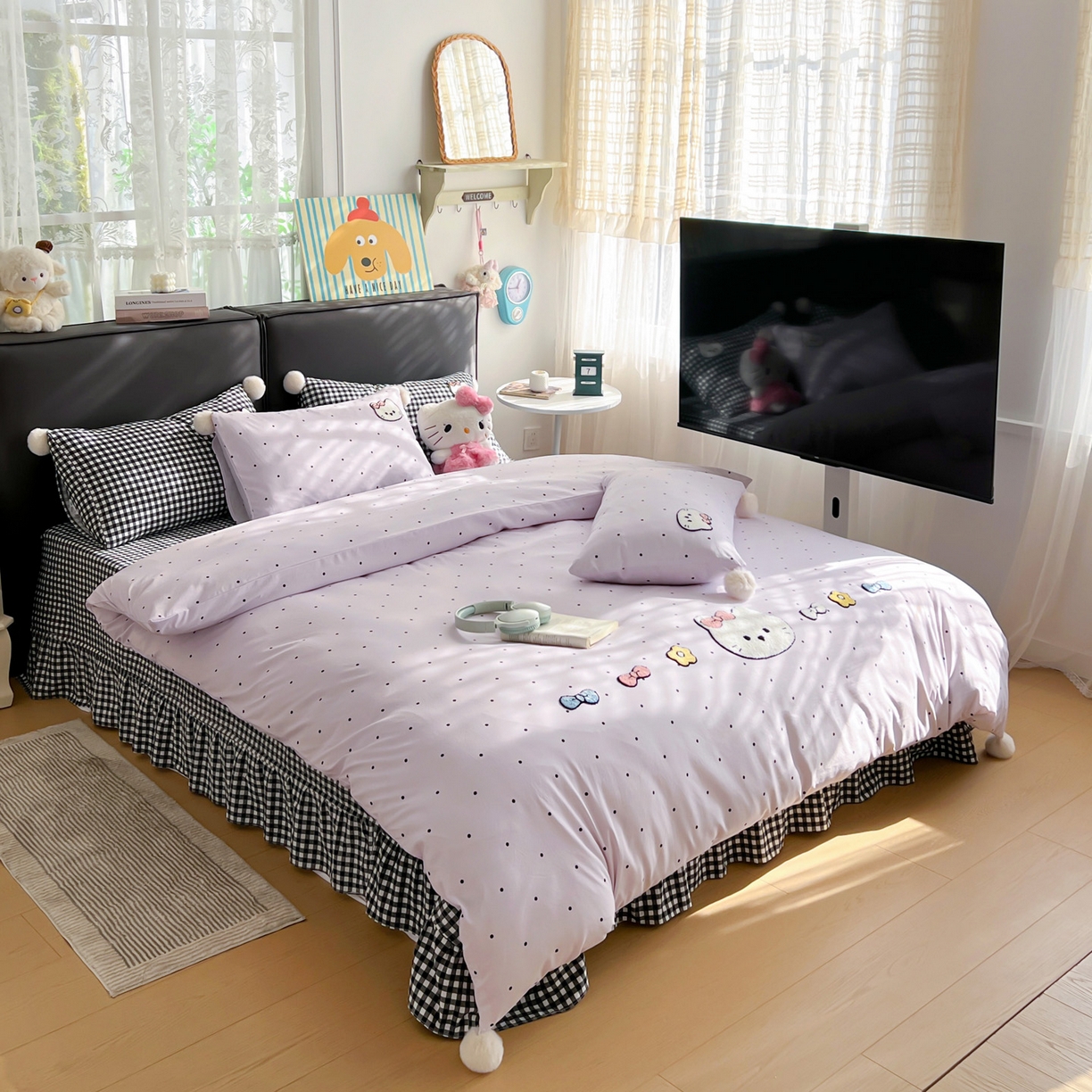 91家纺网 家纺一手货源 找家纺 富米莱单品馆 2026新款水洗棉波点毛巾绣黑格球球款单品 幸福猫咪-紫