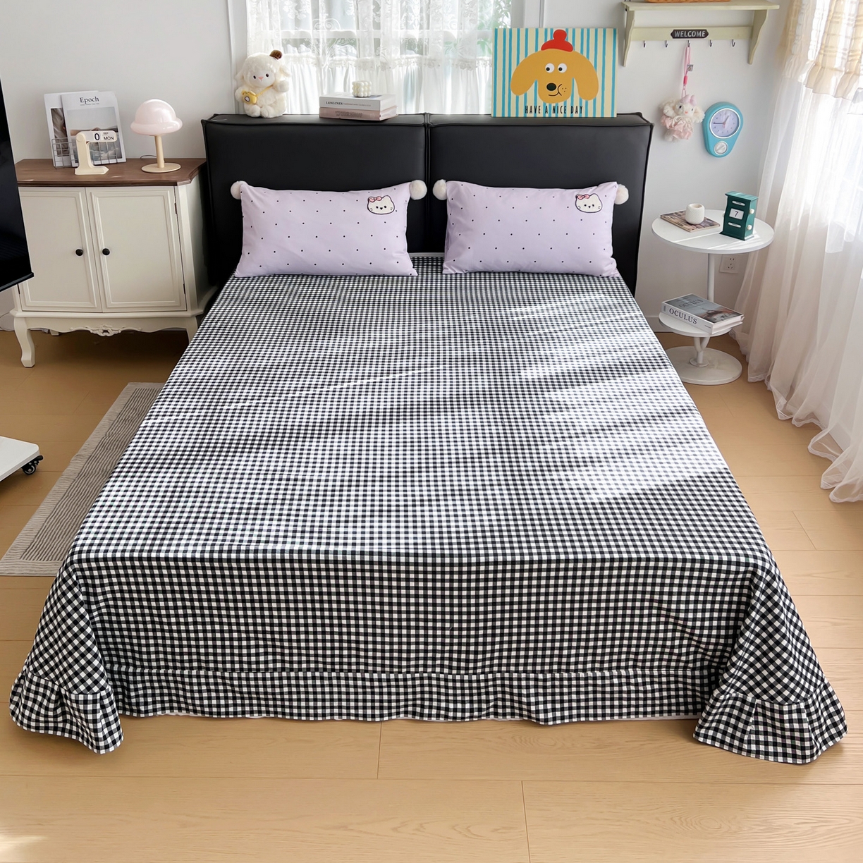 91家纺网 家纺一手货源 找家纺 富米莱单品馆 2026新款水洗棉波点毛巾绣黑格球球款单品 幸福猫咪-紫