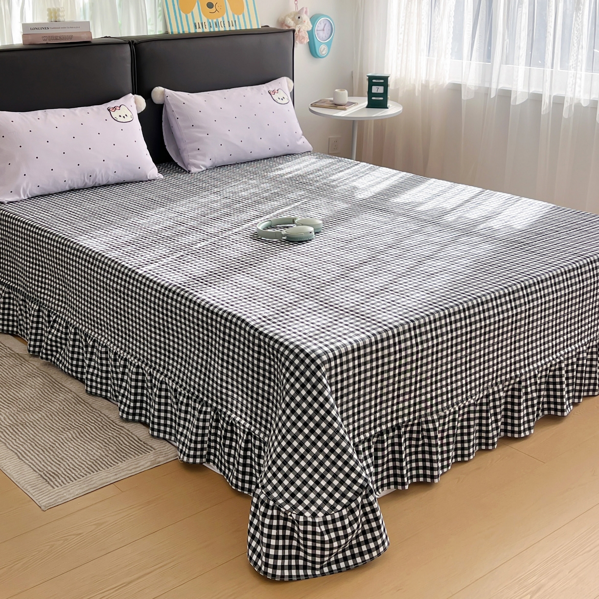 91家纺网 家纺一手货源 找家纺 富米莱单品馆 2026新款水洗棉波点毛巾绣黑格球球款单品 幸福猫咪-紫