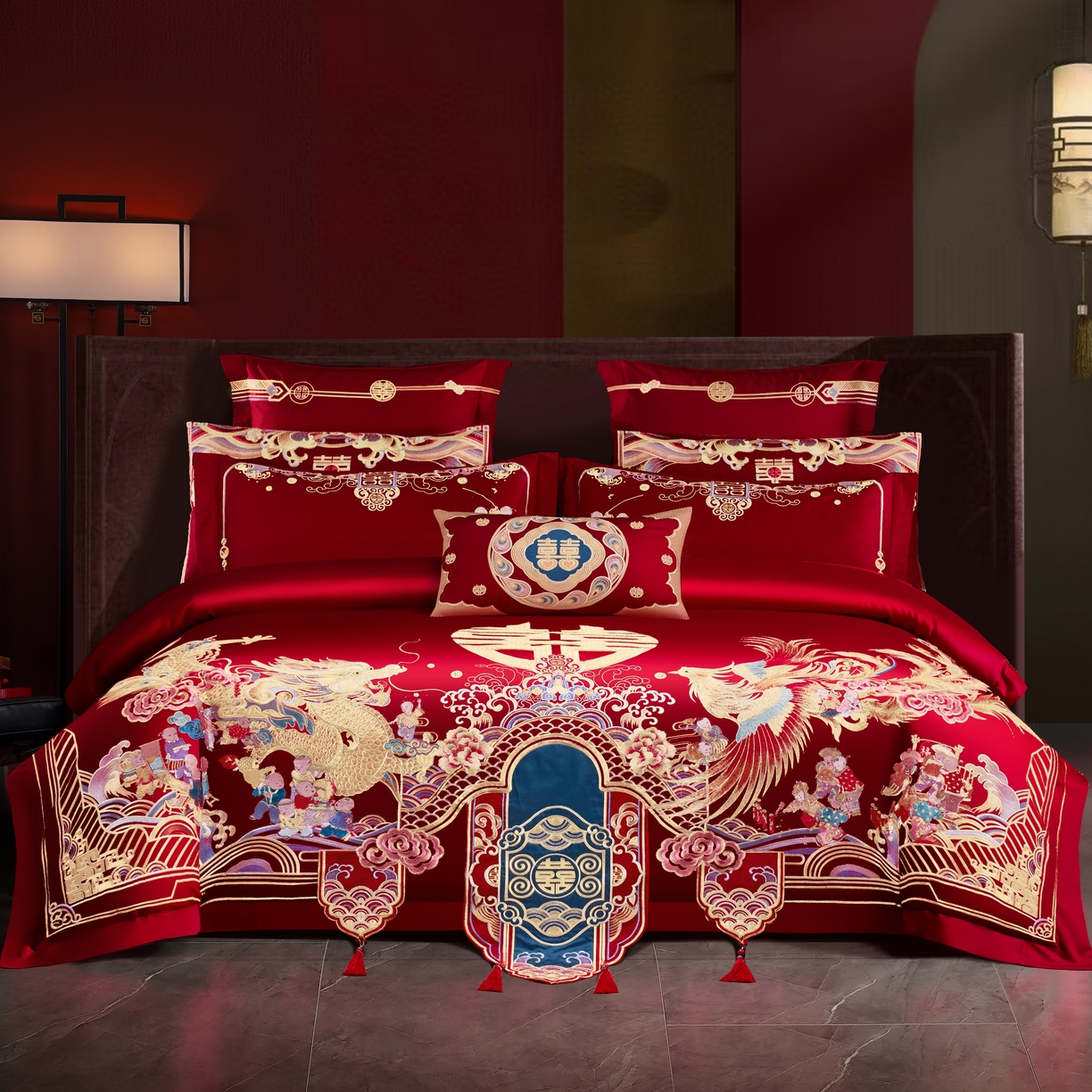 芊囍纺 2026新款双面长绒棉高端婚庆提花重工刺绣四件套多件套系列 龙凤百子