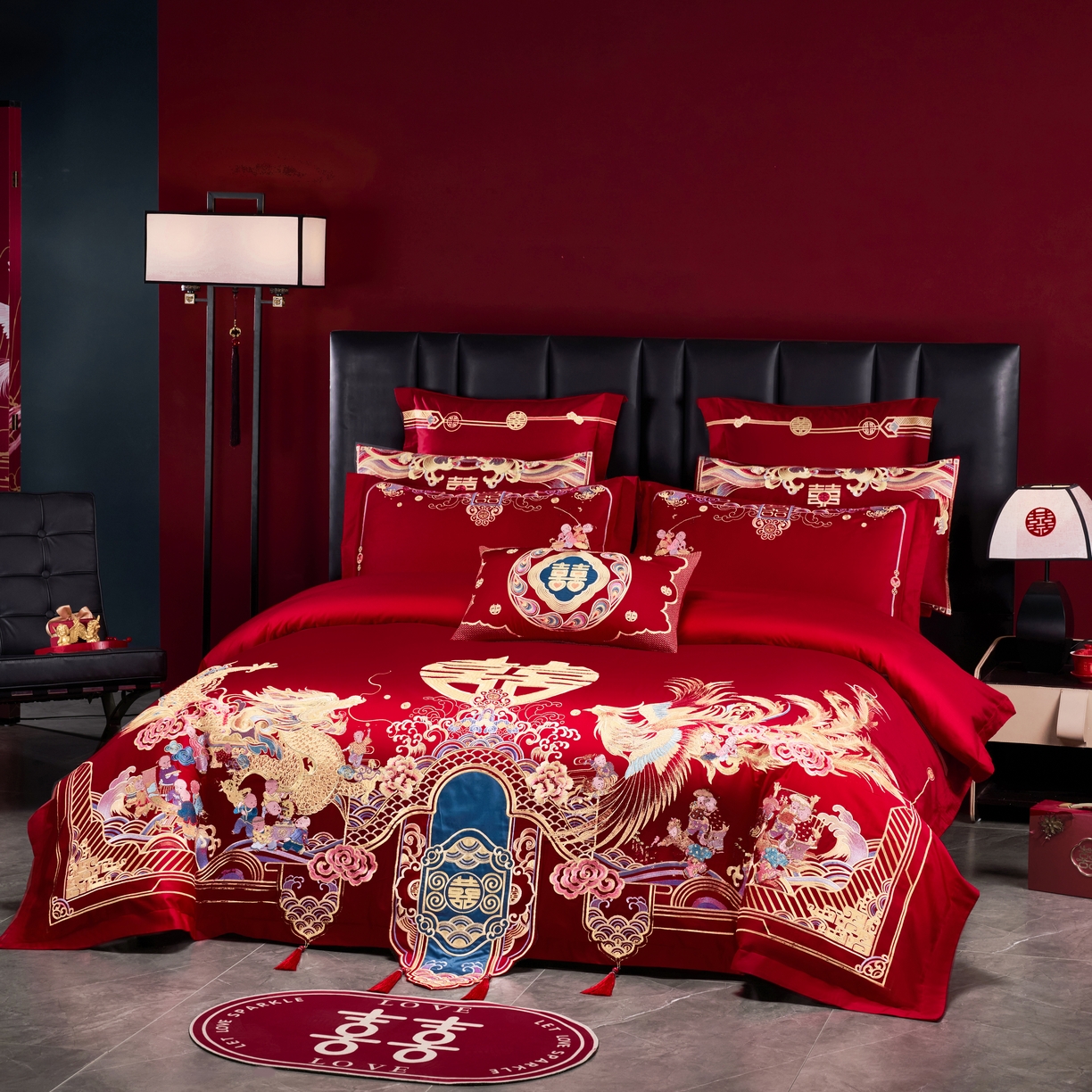 91家纺网 家纺一手货源 找家纺 芊囍纺 2026新款双面长绒棉高端婚庆提花重工刺绣四件套多件套系列 龙凤百子