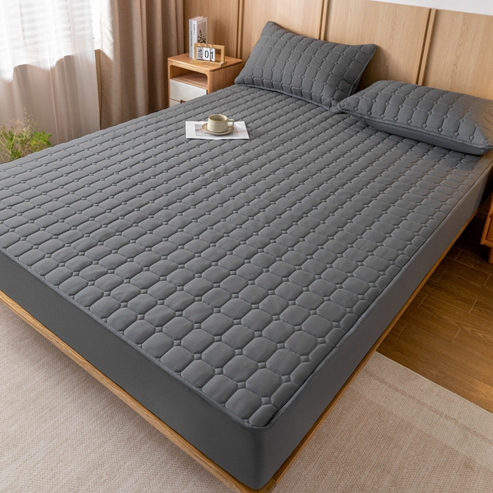 91家纺网 家纺一手货源 找家纺 宇淳 2026跨境外贸水洗棉夹棉单件床签床垫保护套四季通用防滑床罩梦思床垫保护罩三件套非全棉 黑灰