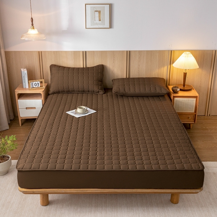 91家纺网 家纺一手货源 找家纺 宇淳 2026跨境外贸水洗棉夹棉单件床签床垫保护套四季通用防滑床罩梦思床垫保护罩三件套非全棉 棕色