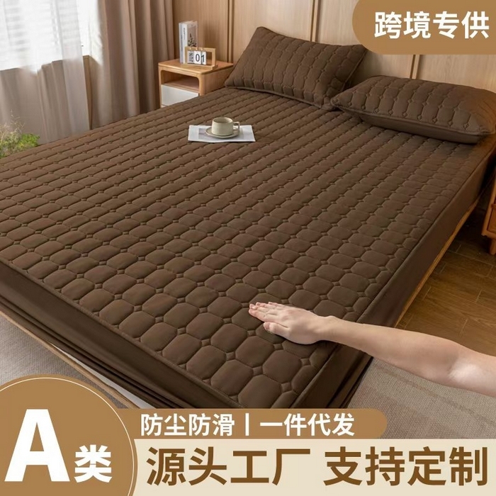 宇淳 2026跨境外贸水洗棉夹棉单件床签床垫保护套四季通用防滑床罩梦思床垫保护罩三件套非全棉 棕色