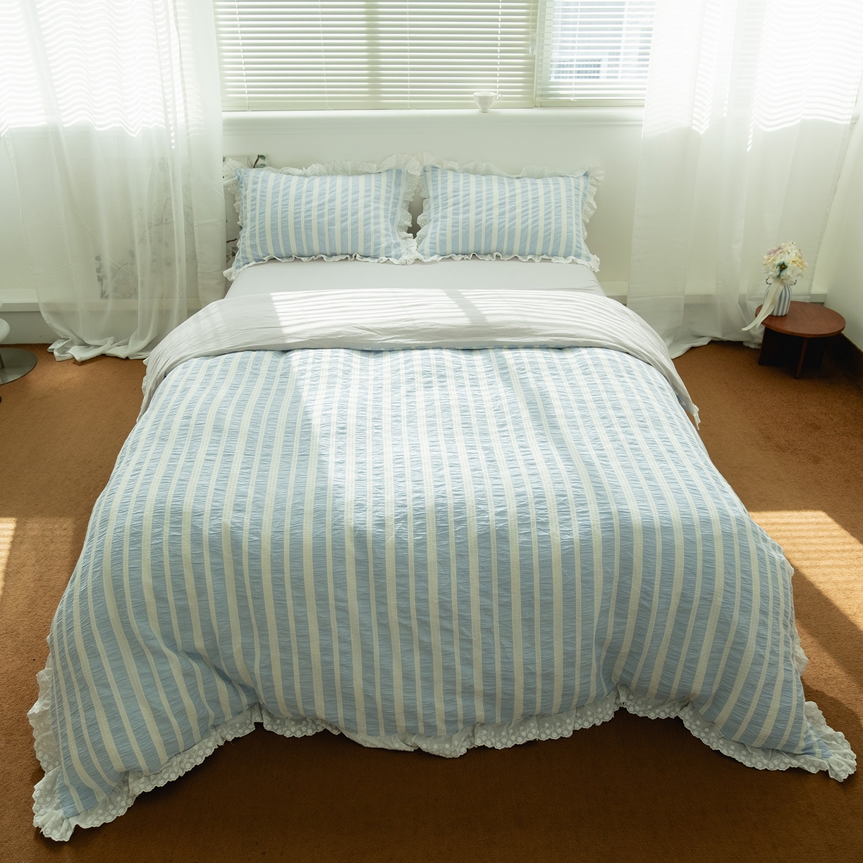 91家纺网 家纺一手货源 找家纺 （总） 棉小二 2026新款亲肤色织蓝色蕾丝花边款四件套