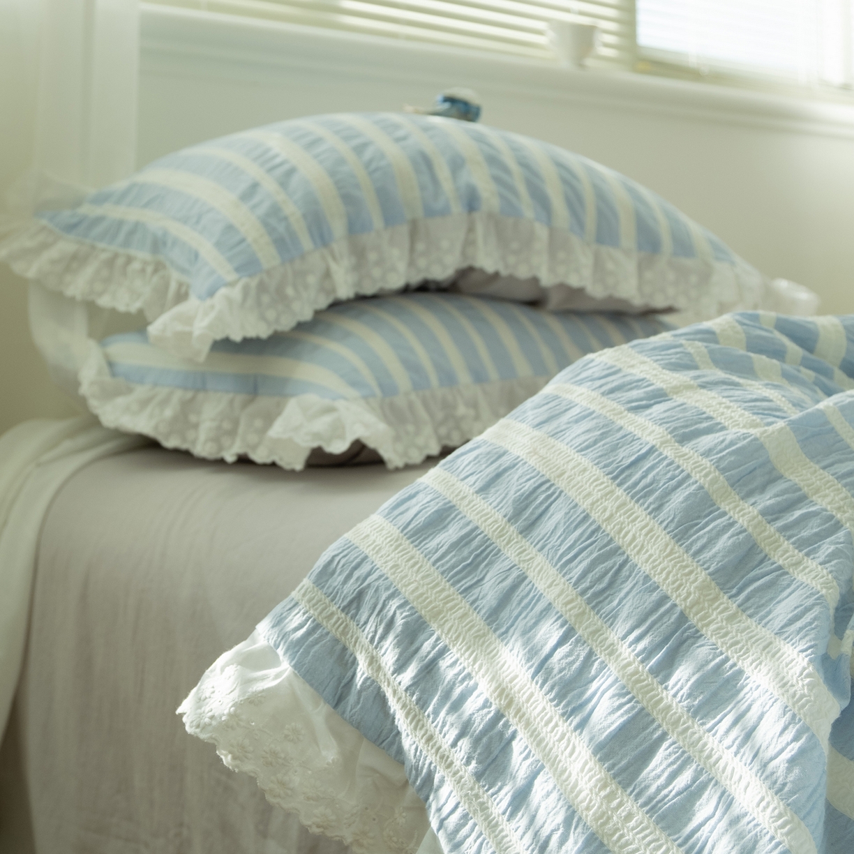 91家纺网 家纺一手货源 找家纺 （总） 棉小二 2026新款亲肤色织蓝色蕾丝花边款四件套