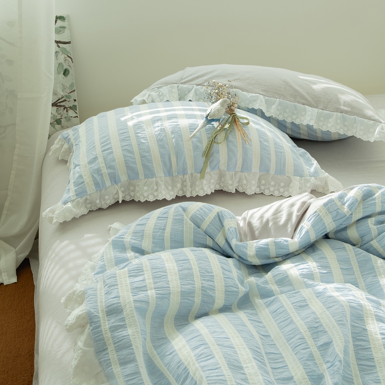 91家纺网 家纺一手货源 找家纺 （总） 棉小二 2026新款亲肤色织蓝色蕾丝花边款四件套