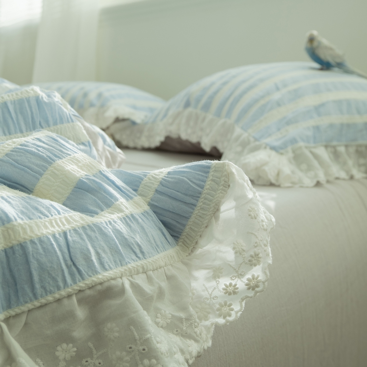 91家纺网 家纺一手货源 找家纺 （总） 棉小二 2026新款亲肤色织蓝色蕾丝花边款四件套