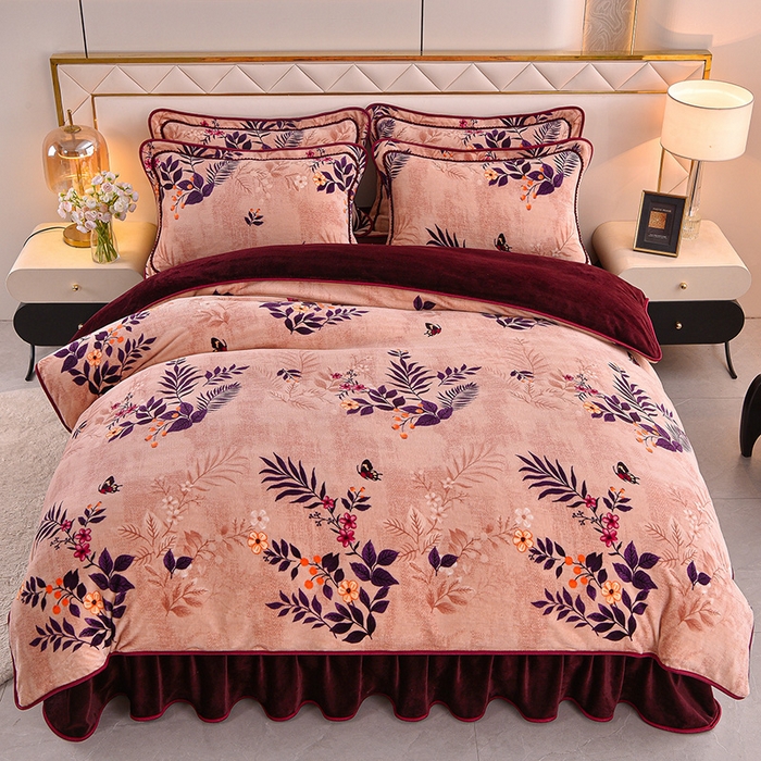 91家纺网 家纺一手货源 找家纺 赫本 2025新品8斤爆品牛奶绒四件套床裙款金雕绒法莱绒四套件  海棠花