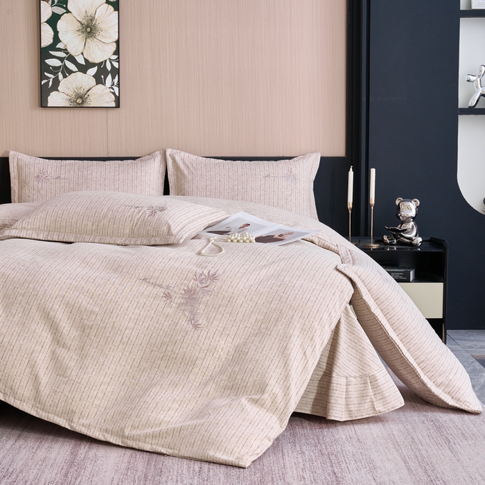 91家纺网 家纺一手货源 找家纺 喜四方 2026年新款加厚全棉印花加绣花四件套 兰亭序-咖