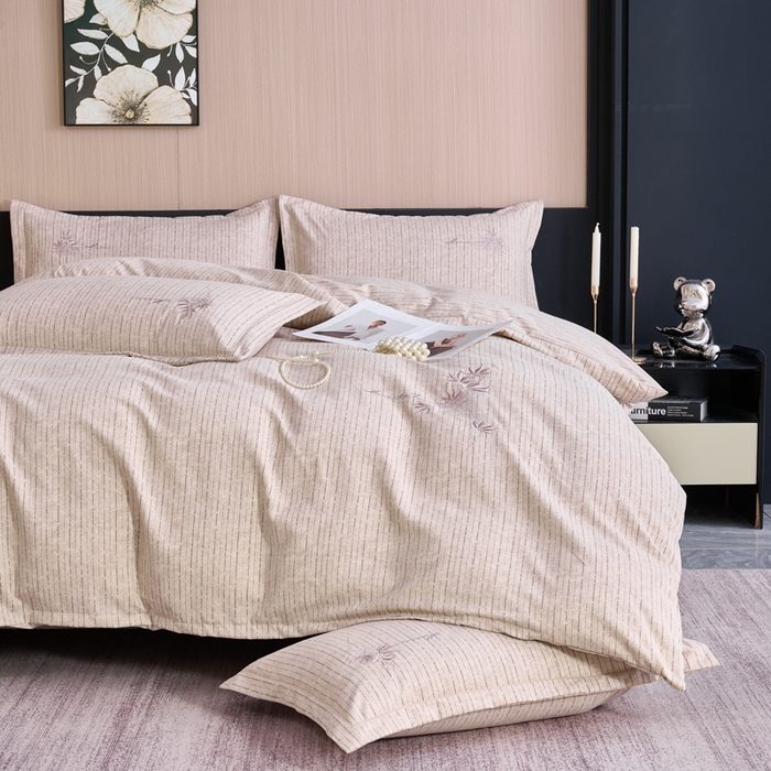 91家纺网 家纺一手货源 找家纺 喜四方 2026年新款加厚全棉印花加绣花四件套 兰亭序-咖