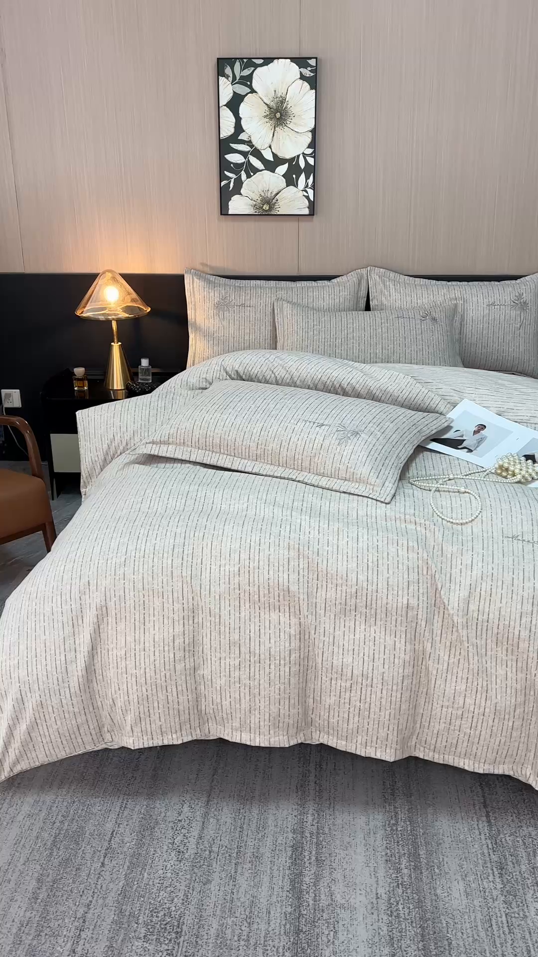 91家纺网 家纺一手货源 找家纺 喜四方 2026年新款加厚全棉印花加绣花四件套 兰亭序-咖