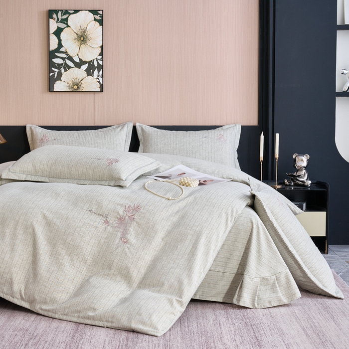 91家纺网 家纺一手货源 找家纺 喜四方 2026年新款加厚全棉印花加绣花四件套 兰亭序-浅绿