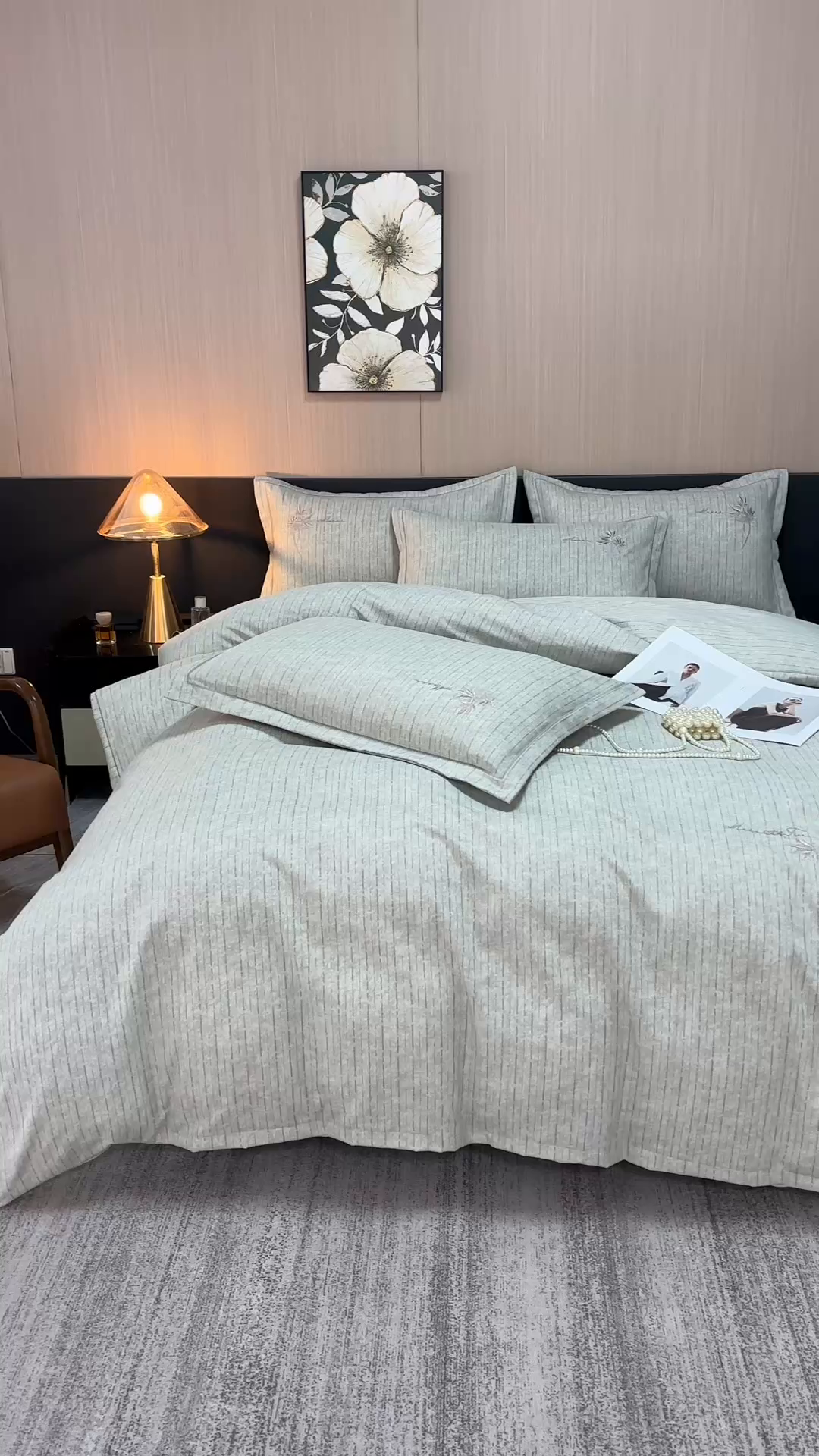 91家纺网 家纺一手货源 找家纺 喜四方 2026年新款加厚全棉印花加绣花四件套 兰亭序-浅绿