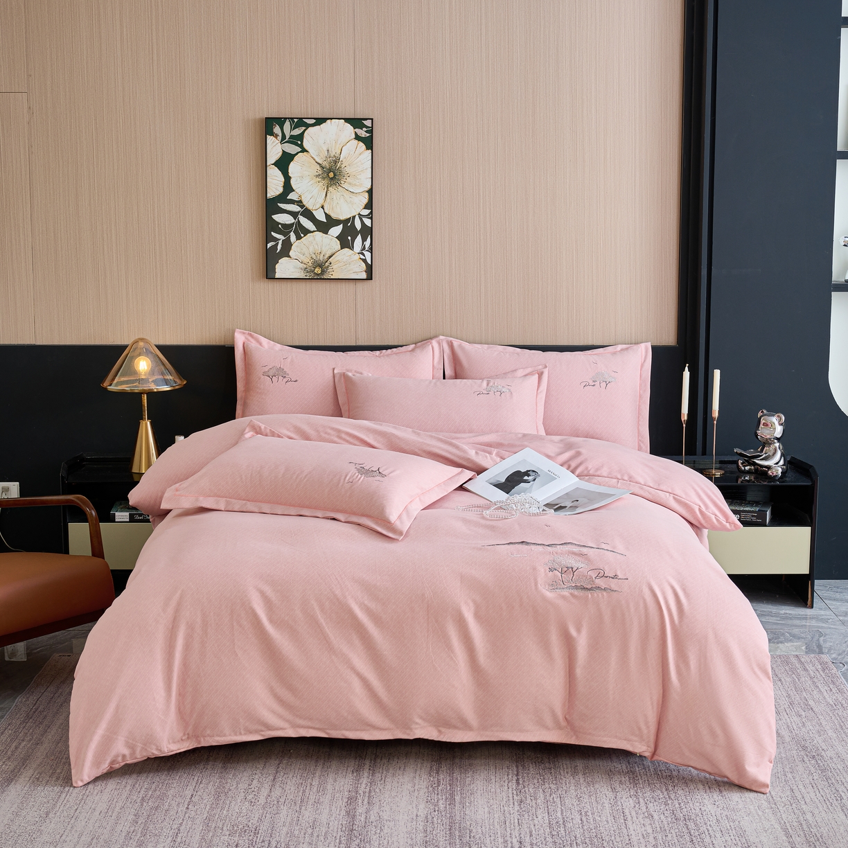 喜四方 2026年新款加厚全棉印花加绣花四件套 丛林记忆-粉