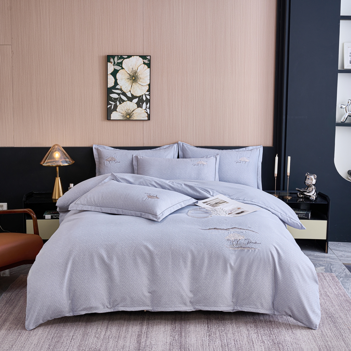 喜四方 2026年新款加厚全棉印花加绣花四件套 丛林记忆-灰紫