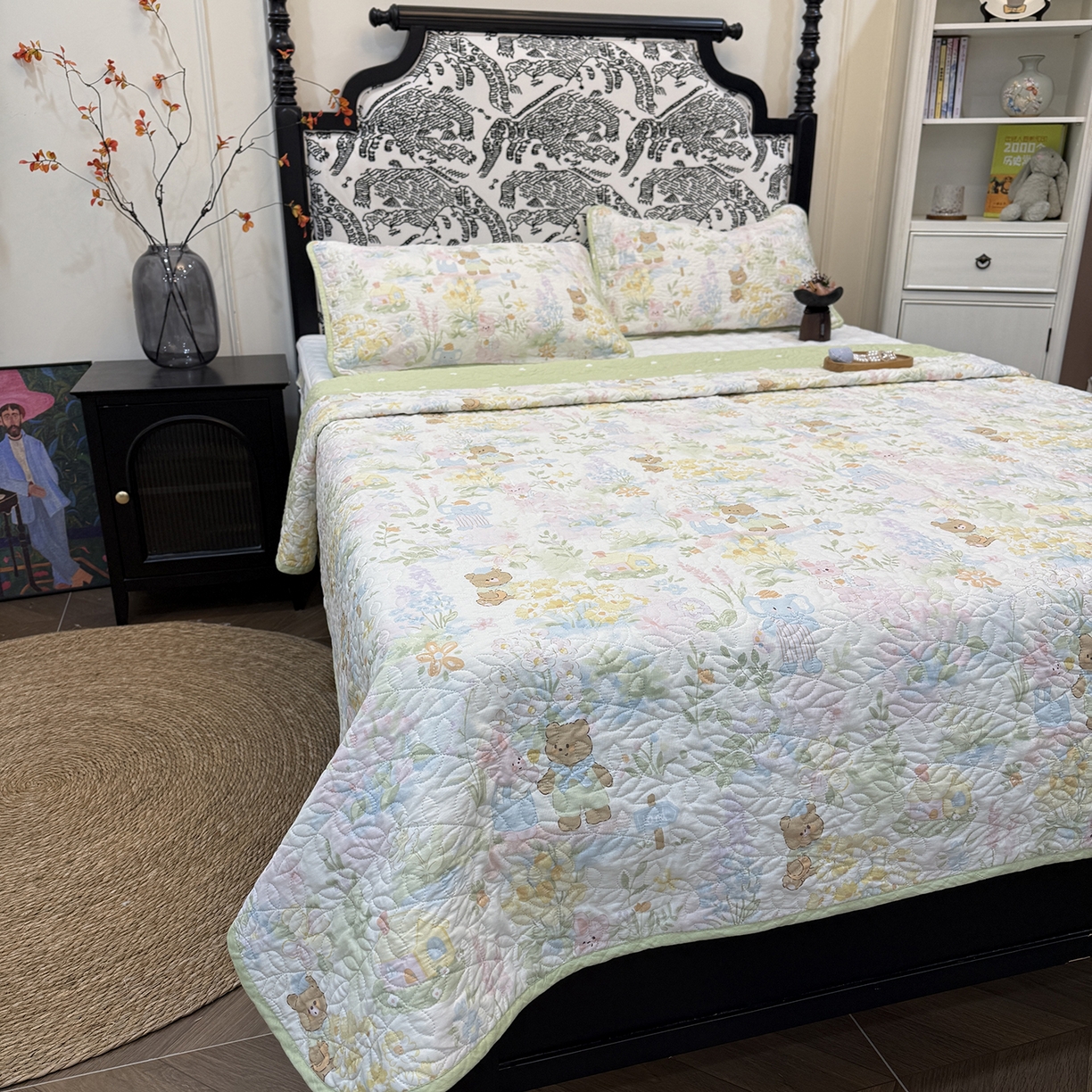 91家纺网 家纺一手货源 找家纺 床盖工厂店 2025新款双面全棉小包边床盖三件套 春游手记