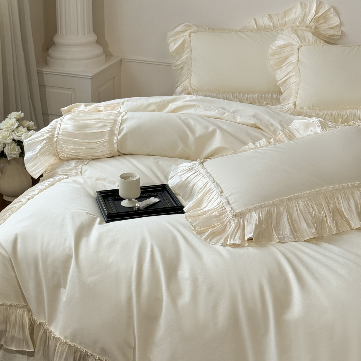 91家纺网 家纺一手货源 找家纺 （总）亲亲公主 2026新款全棉法式花边款四件套-纯色茉莉