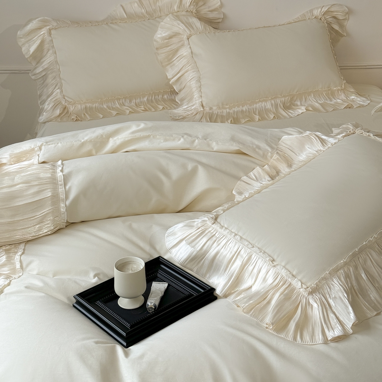 91家纺网 家纺一手货源 找家纺 （总）亲亲公主 2026新款全棉法式花边款四件套-纯色茉莉