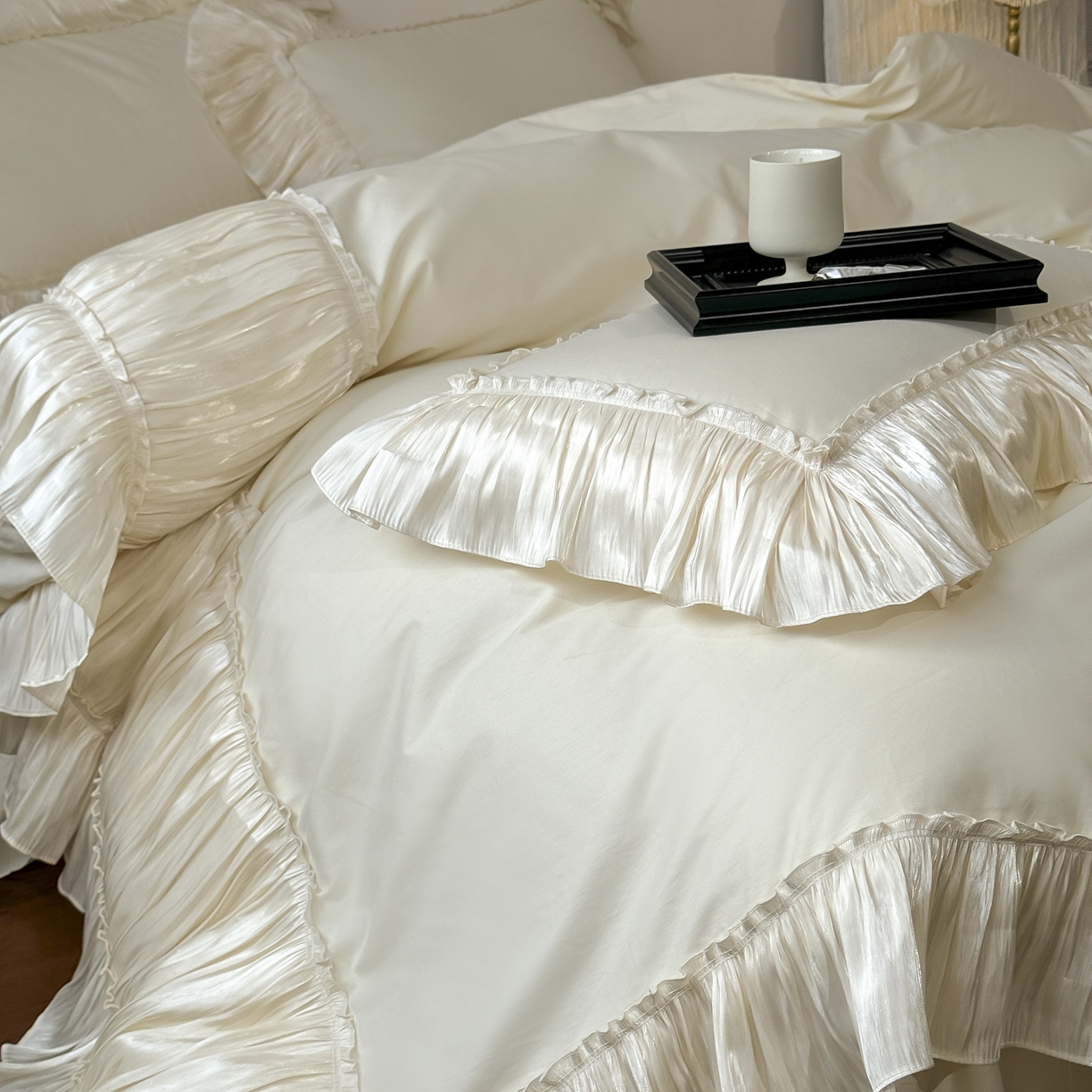 91家纺网 家纺一手货源 找家纺 （总）亲亲公主 2026新款全棉法式花边款四件套-纯色茉莉