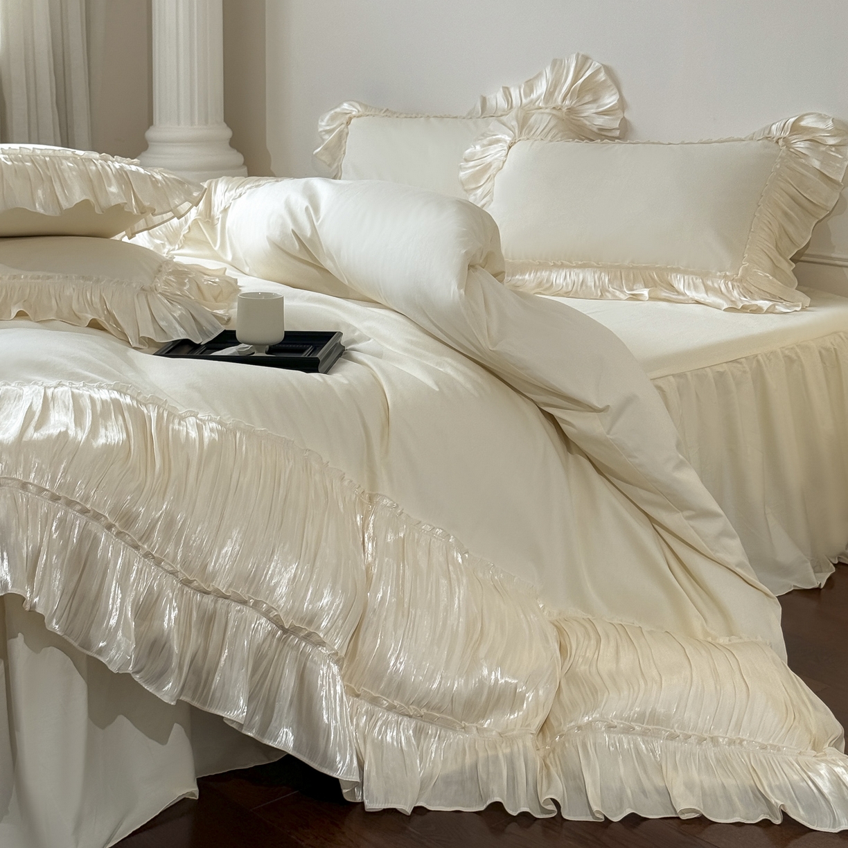 91家纺网 家纺一手货源 找家纺 （总）亲亲公主 2026新款全棉法式花边款四件套-纯色茉莉