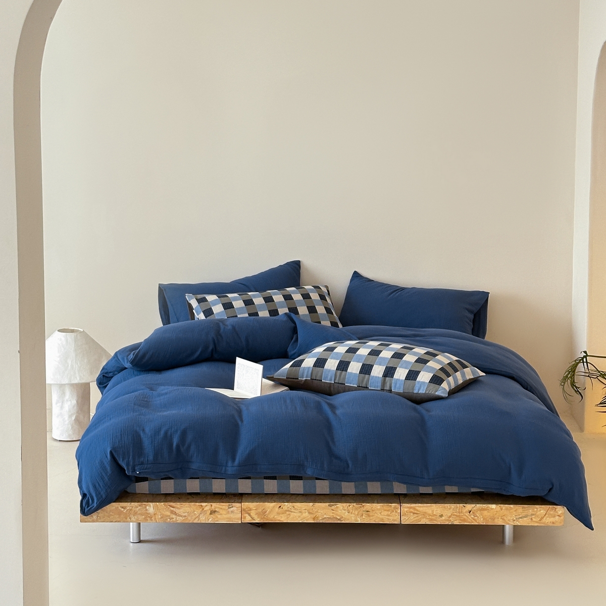 91家纺网 家纺一手货源 找家纺 （总）山舍家居 2026新款全棉色织双层皱皱纱色织格子皱纱纯色混搭系列四件套