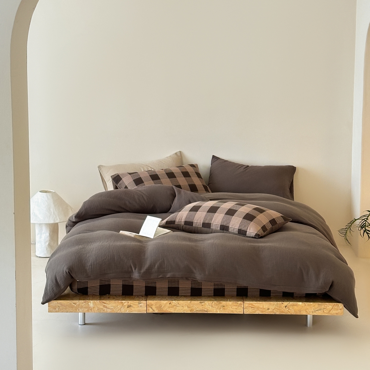 91家纺网 家纺一手货源 找家纺 （总）山舍家居 2026新款全棉色织双层皱皱纱色织格子皱纱纯色混搭系列四件套