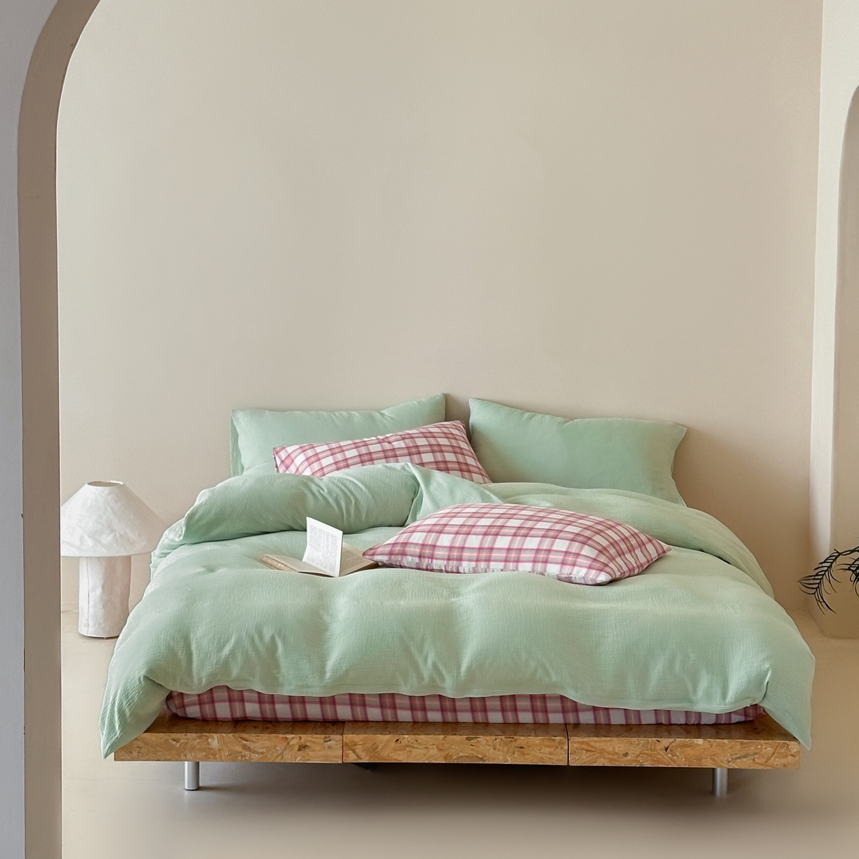 （总）山舍家居 2026新款全棉色织双层皱皱纱色织格子皱纱纯色混搭系列四件套