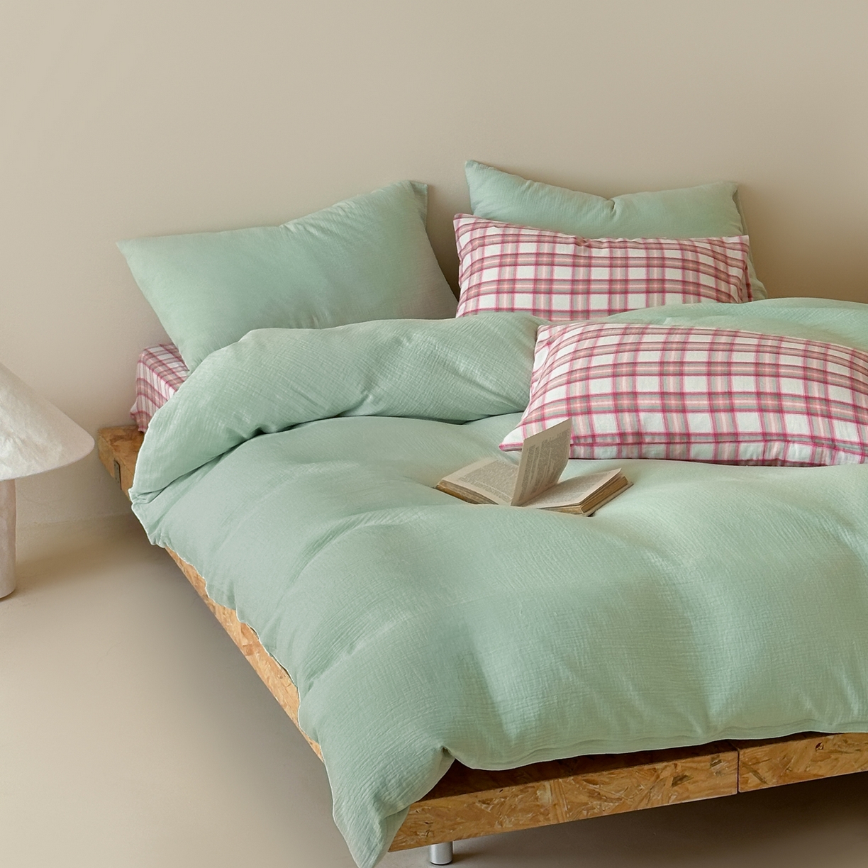 91家纺网 家纺一手货源 找家纺 （总）山舍家居 2026新款全棉色织双层皱皱纱色织格子皱纱纯色混搭系列四件套