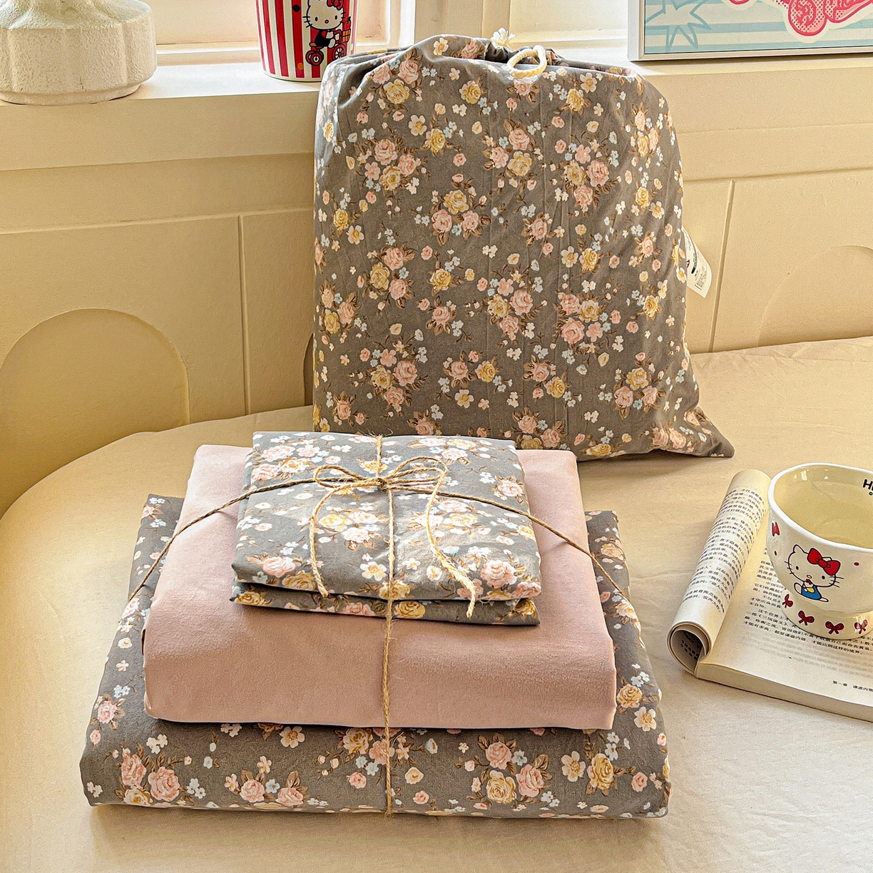 91家纺网 家纺一手货源 找家纺 （总）弗苓家纺 2026新款古法水洗仿棉云感纱四件套小布袋