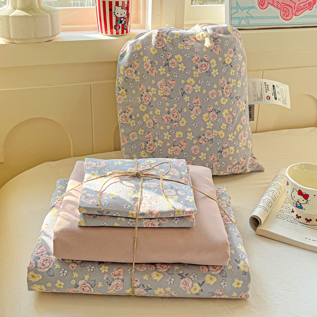 91家纺网 家纺一手货源 找家纺 （总）弗苓家纺 2026新款古法水洗仿棉云感纱四件套小布袋