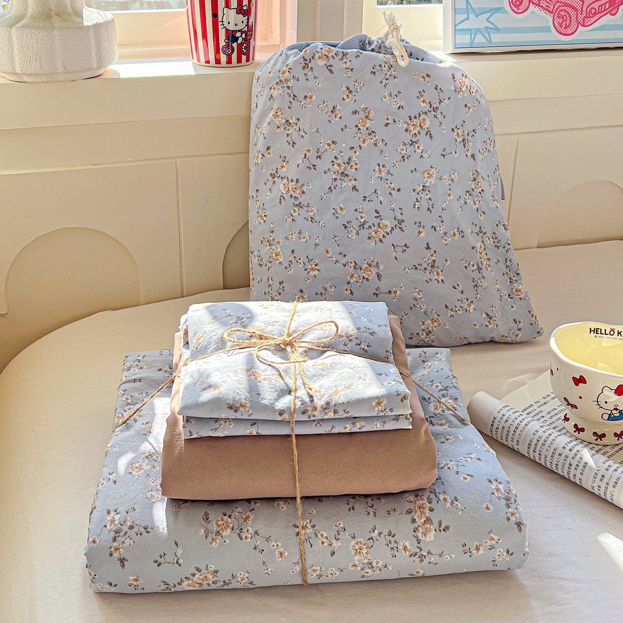 91家纺网 家纺一手货源 找家纺 （总）弗苓家纺 2026新款古法水洗仿棉云感纱四件套小布袋