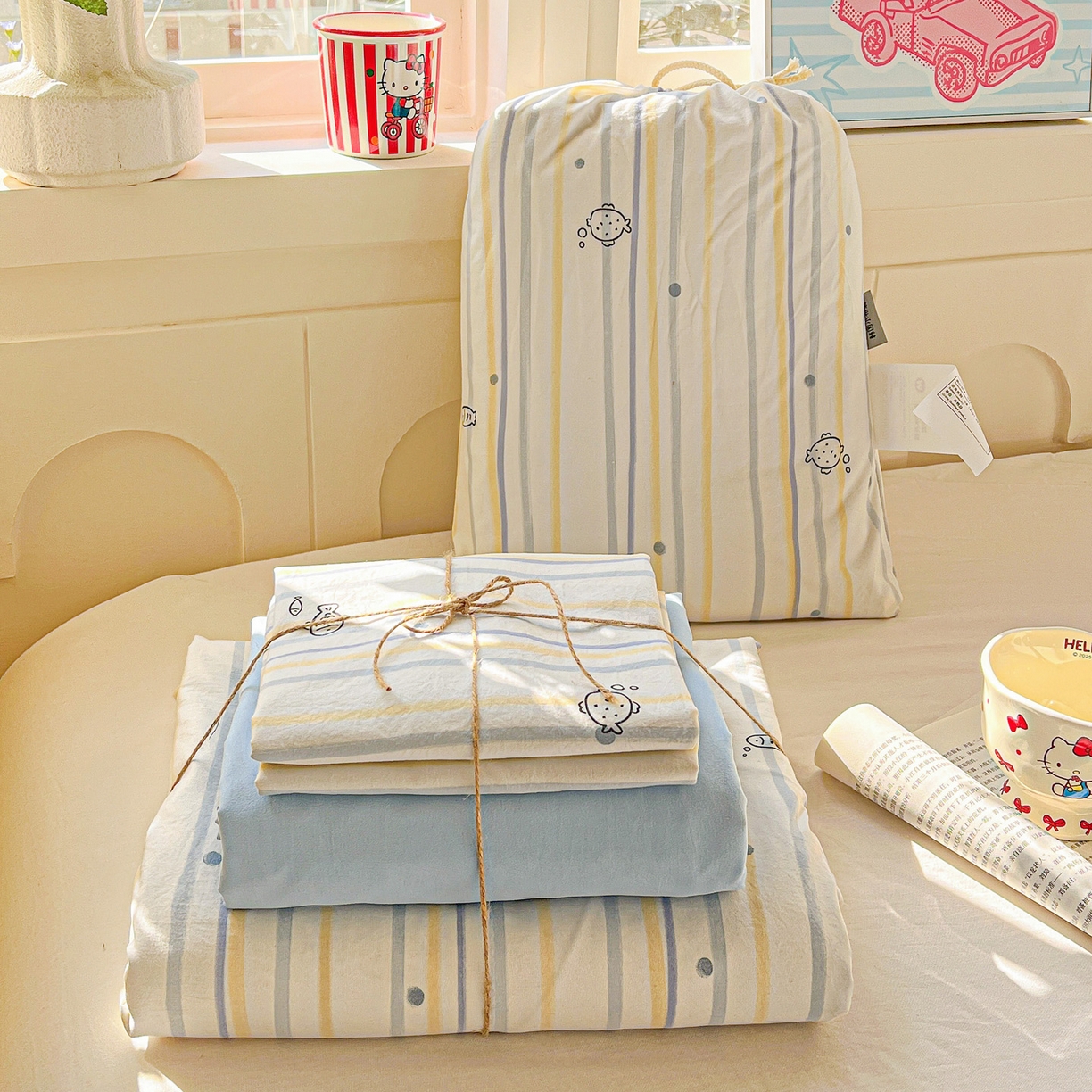 91家纺网 家纺一手货源 找家纺 （总）弗苓家纺 2026新款古法水洗仿棉云感纱四件套小布袋