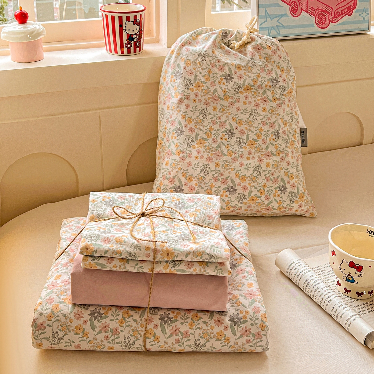 91家纺网 家纺一手货源 找家纺 （总）弗苓家纺 2026新款古法水洗仿棉云感纱四件套小布袋